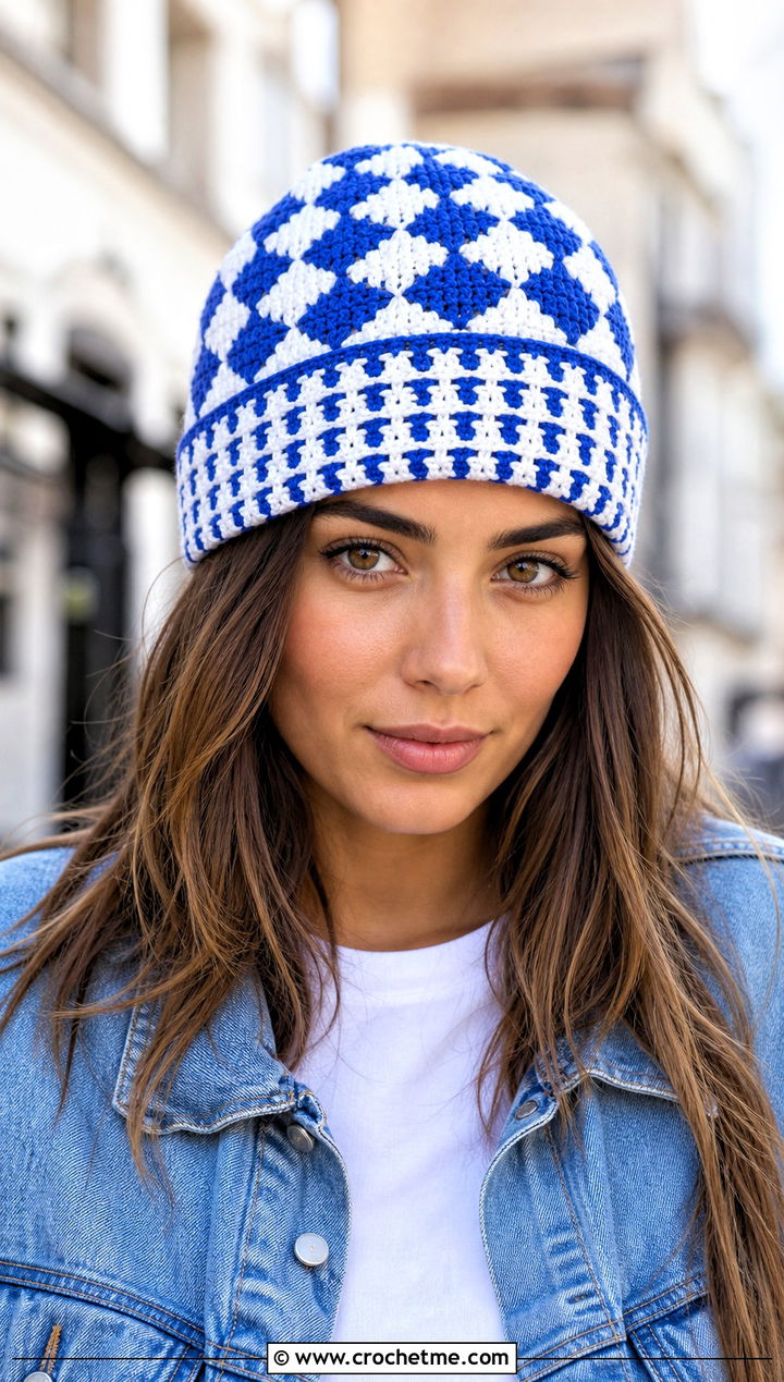 Cuffed Mosaic Crochet Beanie With Denim Jacket - 25 Mosaic Crochet Beanie outfit ideas