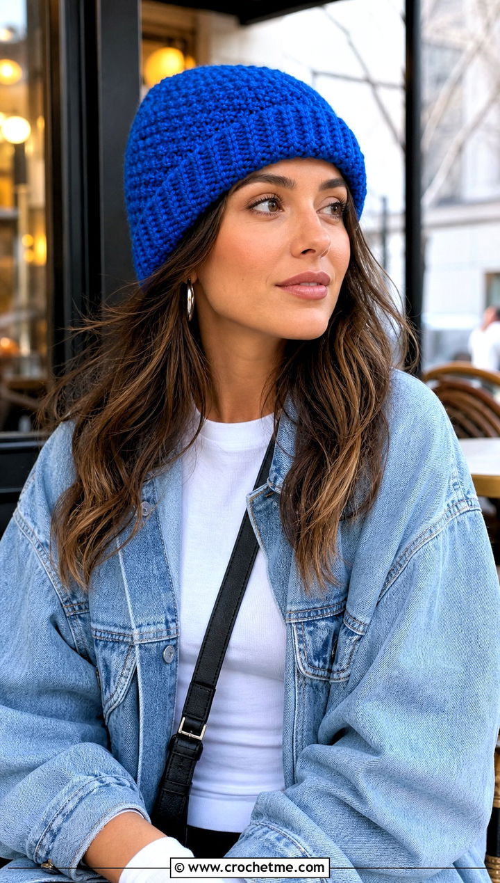 Cuffed Moss Stitch Beanie With Denim Jacket - 25 Crochet Moss Stitch Hat outfit ideas