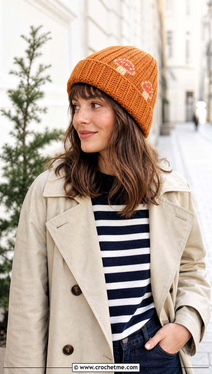 Cuffed Mushroom Beanie With Trench Coat And Sneakers - 20 crochet mushroom beanie outfit ideas