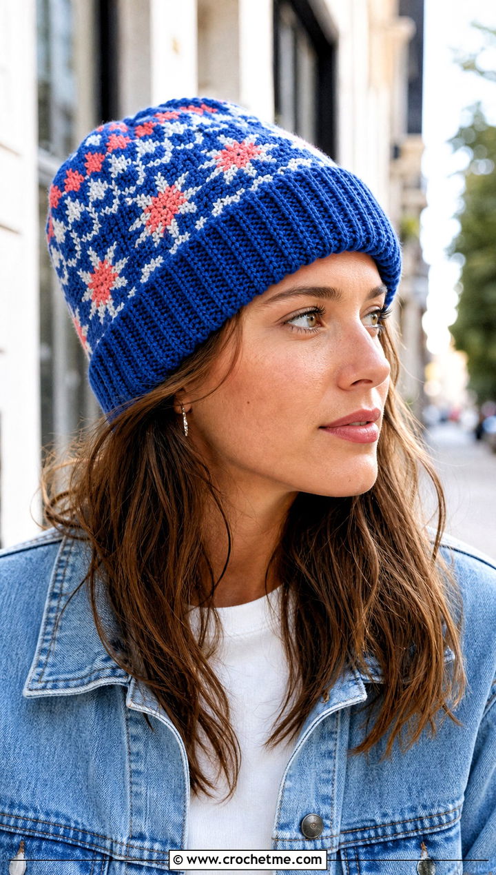 Cuffed Nordic Fair Isle Crochet Beanie With Denim Jacket - 15 Fair Isle Crochet Beanie outfit ideas