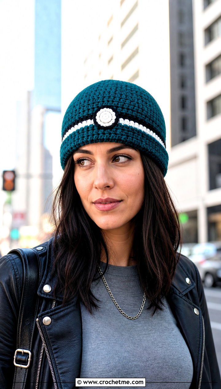 Cuffed Pokeball Crochet Beanie With Leather Jacket Outfit - 20 Pokeball Crochet Hat outfit ideas