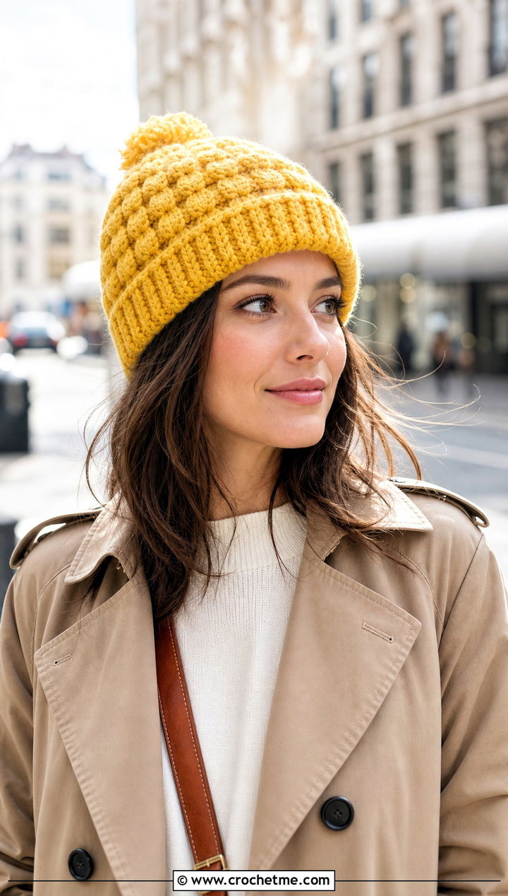 Cuffed Puff Stitch Beanie With Trench Coat And Wide Leg Jeans - 25 crochet puff stitch beanie outfit ideas