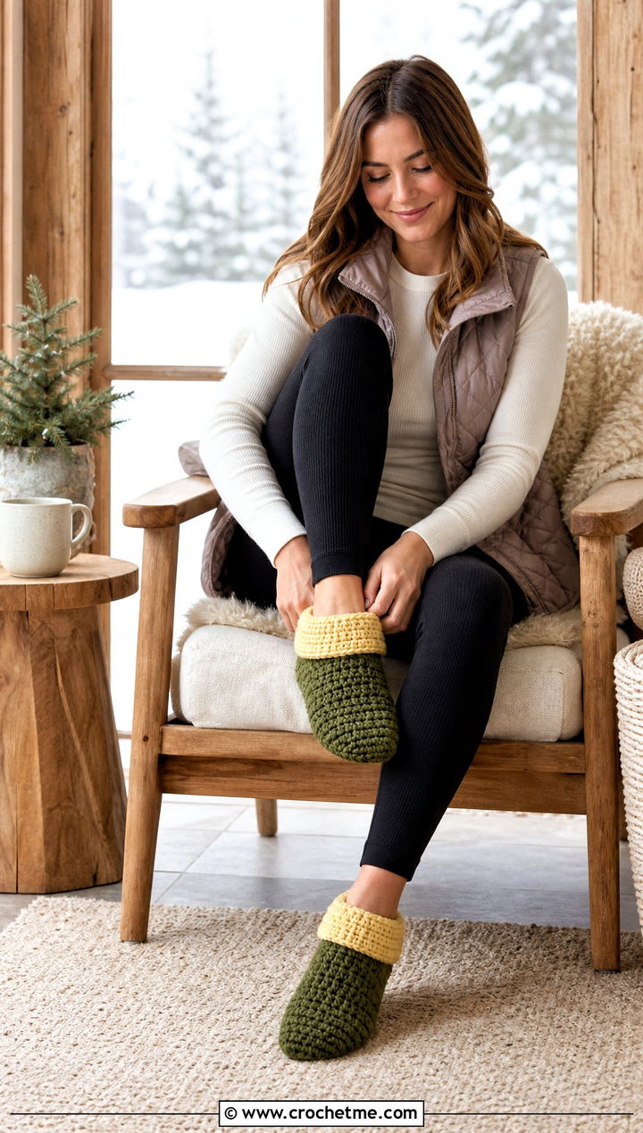 Cuffed Rectangle Crochet Slippers With Thermal Loungewear - 20 Easy Crochet Slippers From A Rectangle outfit ideas