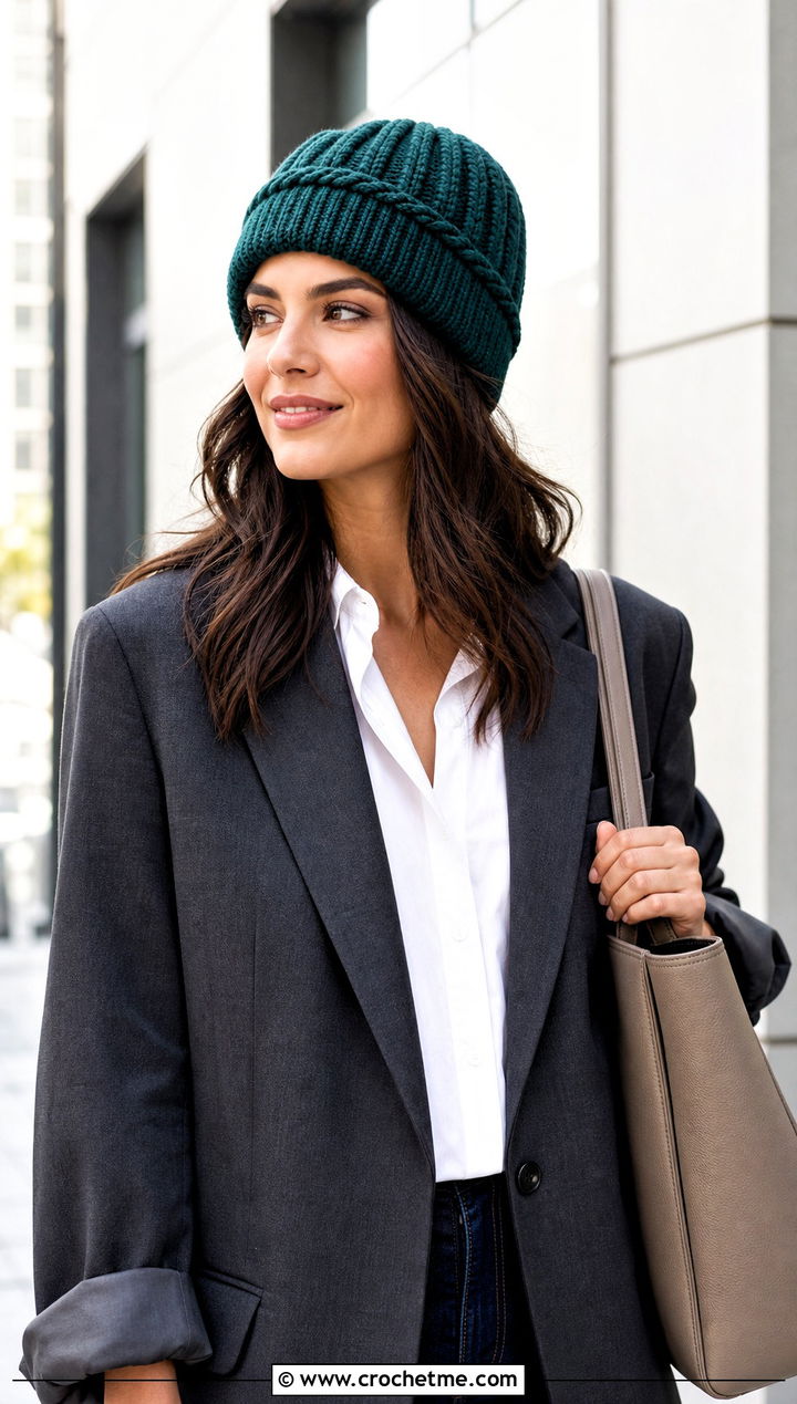 Cuffed Ribbed Braided Beanie With Blazer - 15 Braided Crochet Beanie outfit ideas