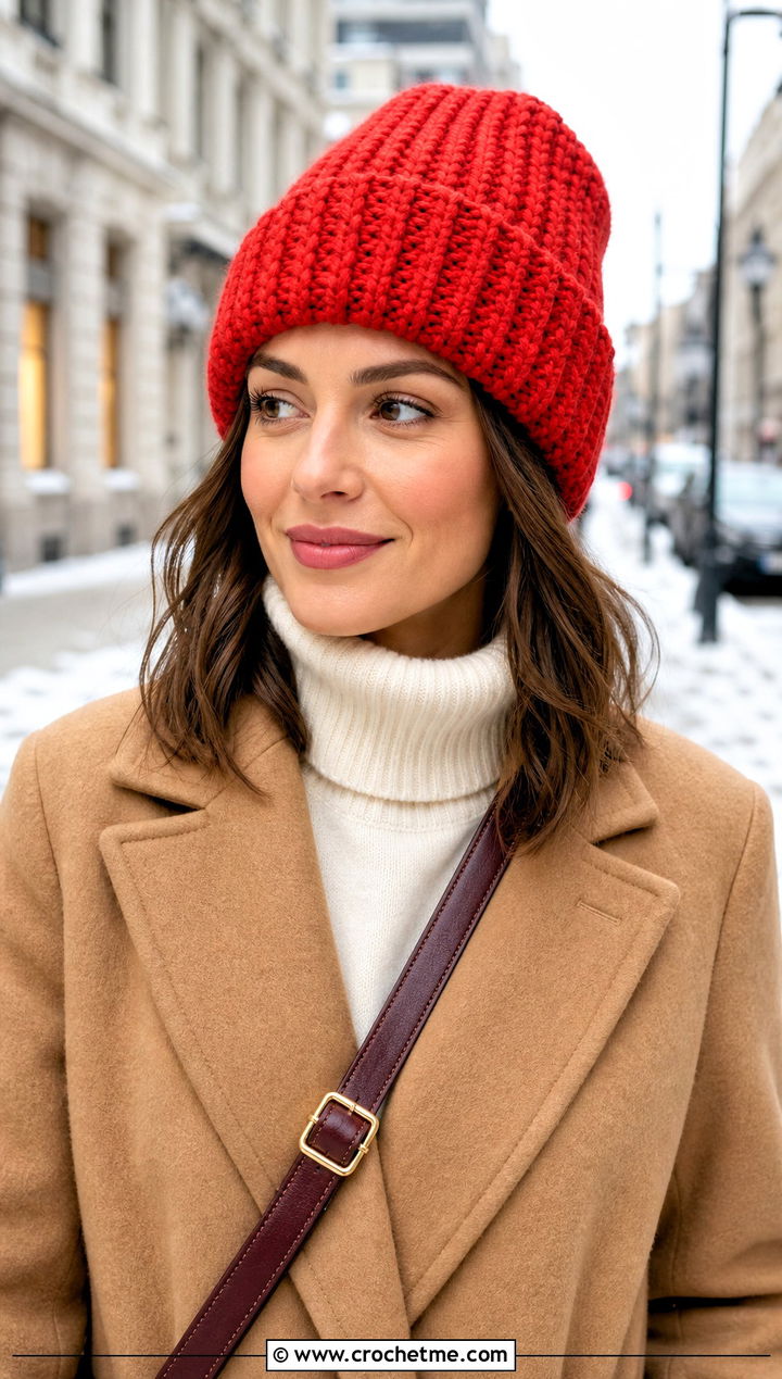 Cuffed Ribbed Bulky Crochet Beanie With Wool Coat - 30 bulky crochet beanie outfit ideas