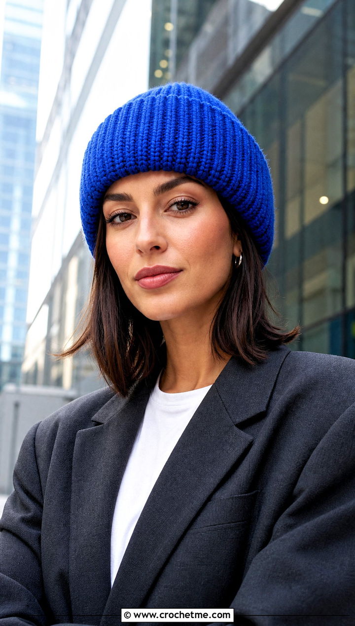 Cuffed Ribbed Crochet Beanie With Blazer And Trousers - 25 Fast Crochet Beanie outfit ideas