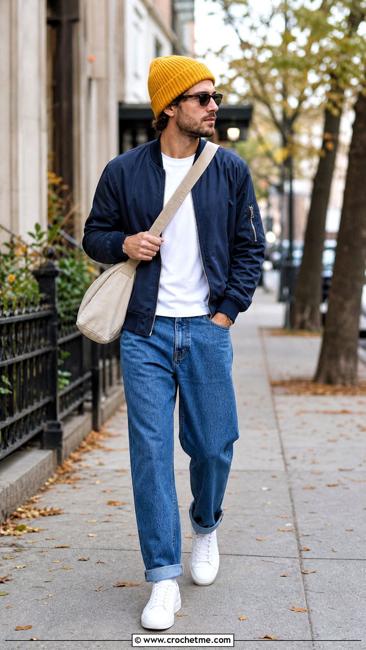 Cuffed Ribbed Crochet Beanie With Bomber Jacket And Jeans - 35 crochet beanie for men outfit ideas