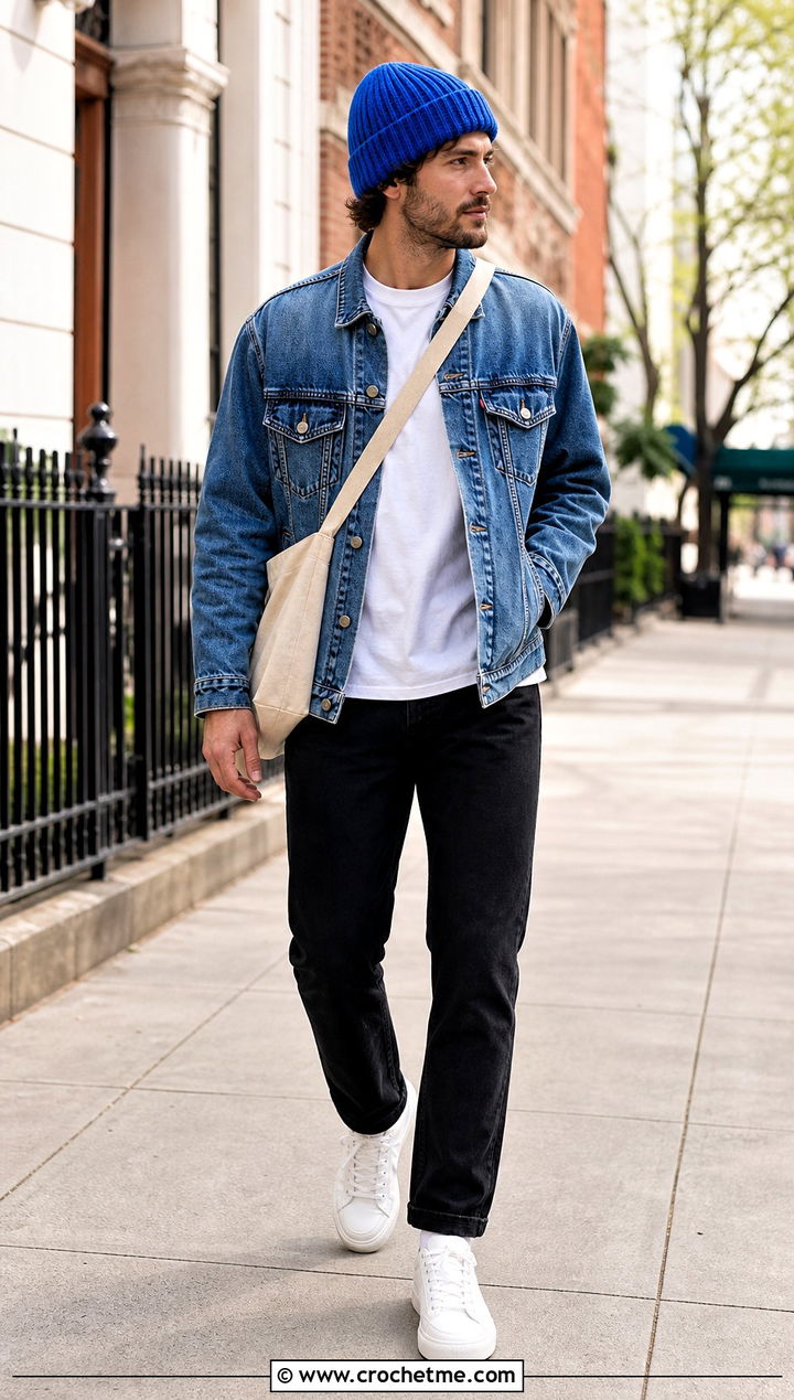 Cuffed Ribbed Crochet Beanie With Denim Jacket - 35 Men Crochet Beanie outfit ideas