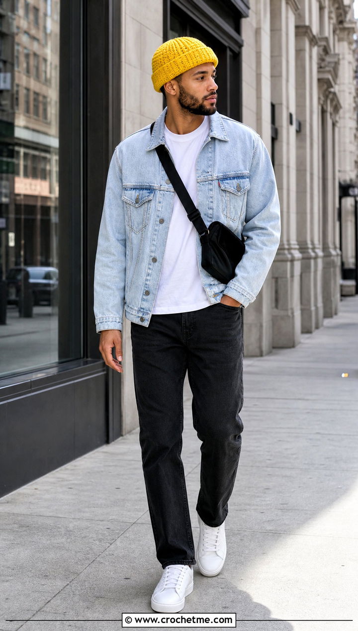 Cuffed Ribbed Crochet Beanie With Denim Jacket - 35 mens crochet beanie outfit ideas
