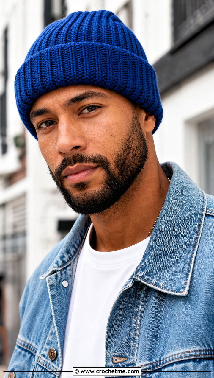 Cuffed Ribbed Crochet Beanie With Denim Jacket - 25 crochet for men's beanies outfit ideas