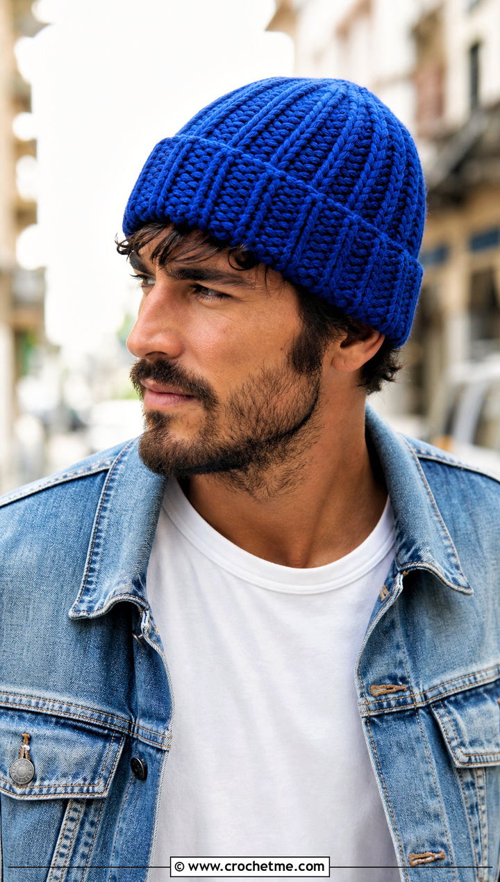 Cuffed Ribbed Crochet Beanie With Denim Jacket - 25 easy crochet beanie for men outfit ideas