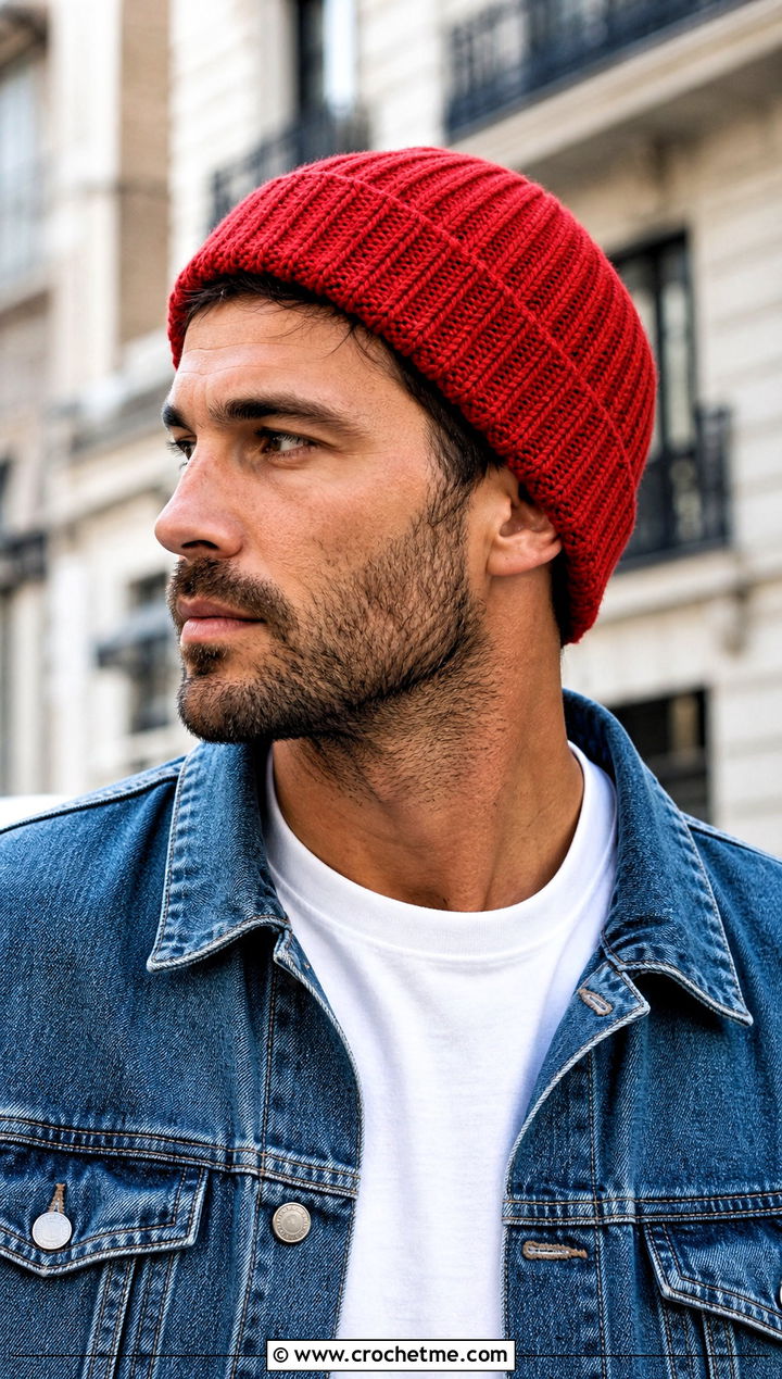 Cuffed Ribbed Crochet Beanie With Denim Jacket - 25 Easy Mens Crochet Beanie outfit ideas