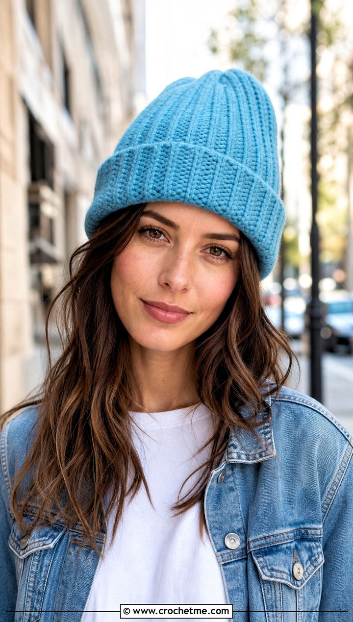 Cuffed Ribbed Crochet Beanie With Denim Jacket - 35 basic crochet beanie outfit ideas