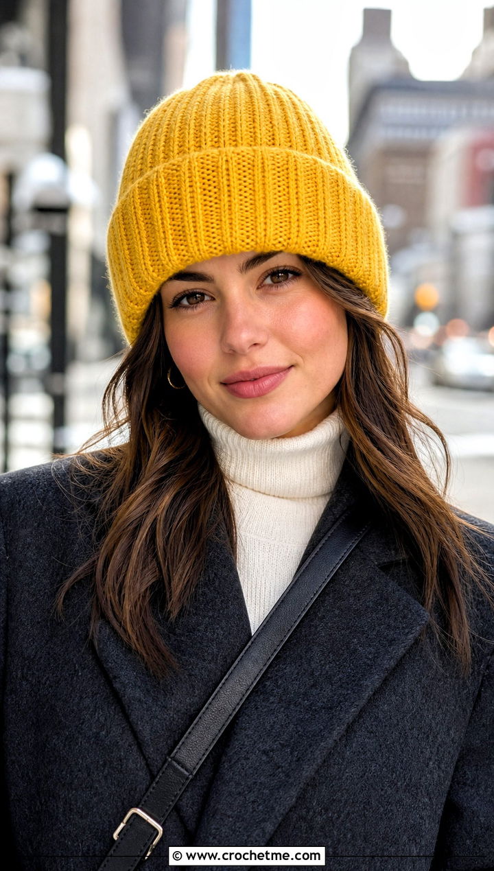 Cuffed Ribbed Crochet Beanie With Wool Coat - 30 winter crochet beanie outfit ideas