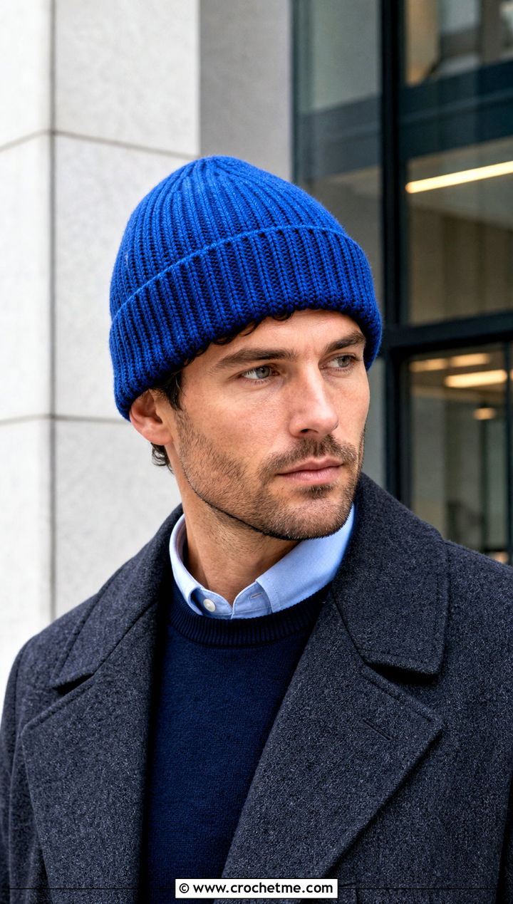 Cuffed Ribbed Crochet Beanie With Wool Overcoat - 25 mens winter crochet hats outfit ideas
