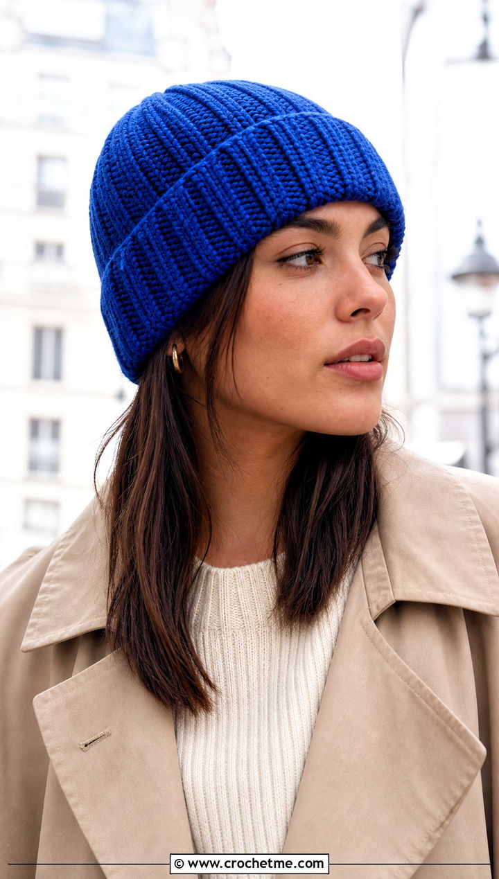 Cuffed Ribbed Magic Circle Crochet Beanie With Trench Coat - 25 Crochet Beanie Magic Circle outfit ideas