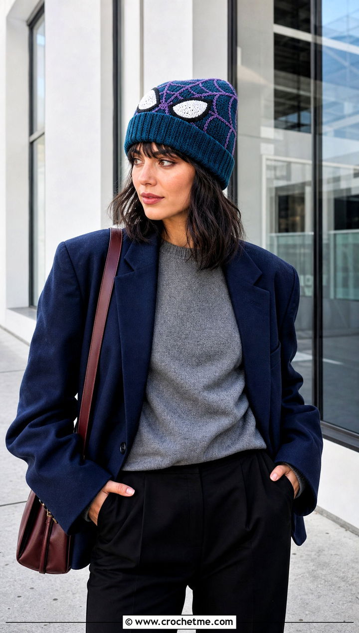 Cuffed Ribbed Mayday Crochet Beanie With Blazer - 30 mayday crochet beanie outfit ideas