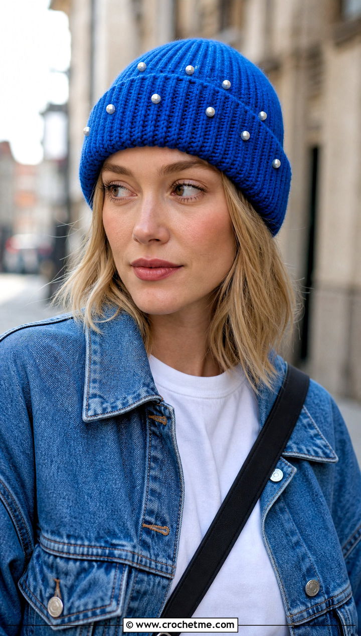 Cuffed Ribbed Pearl Crochet Beanie With Denim Jacket - 15 Pearl Crochet Beanie outfit ideas
