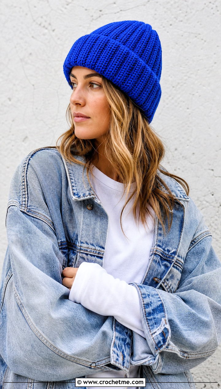 Cuffed Ribbed Single Crochet Beanie With Denim Jacket - 15 Sc Crochet Beanie outfit ideas