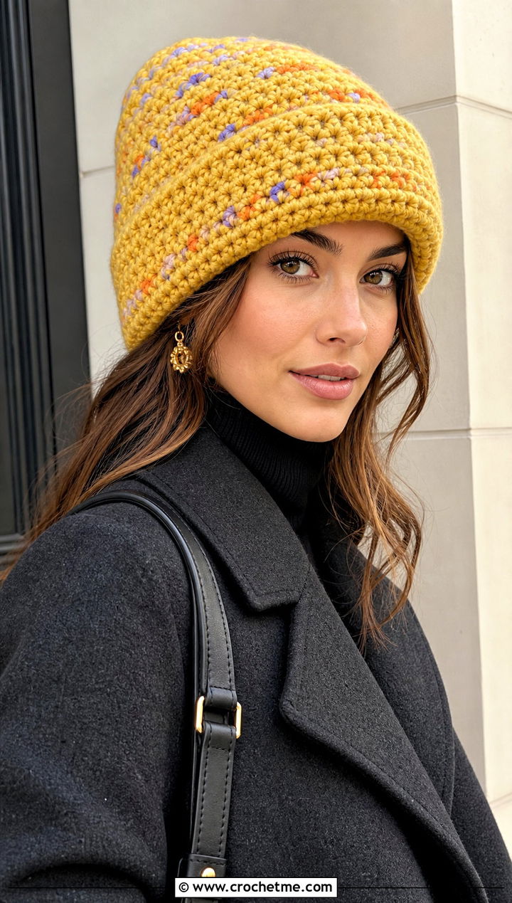 Cuffed Scrap Yarn Crochet Beanie With Wool Coat - 30 scrap yarn crochet beanie outfit ideas