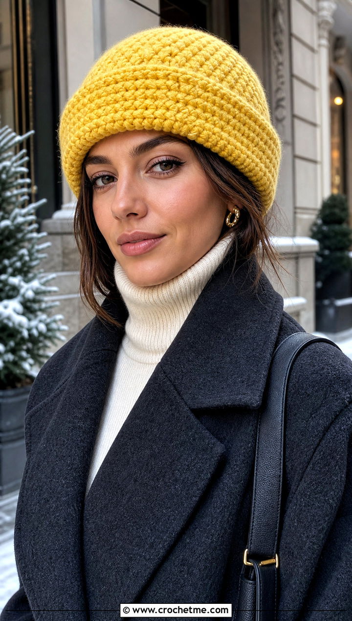 Cuffed Short Row Crochet Hat With Wool Coat - 25 short row crochet hat outfit ideas