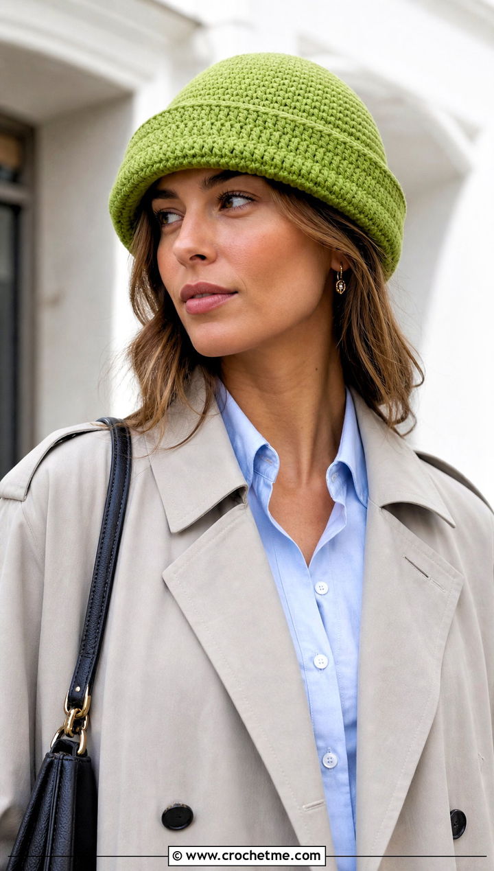 Cuffed Short Row Fisherman Hat With Trench Coat - 25 Crochet Short Rows Hat outfit ideas