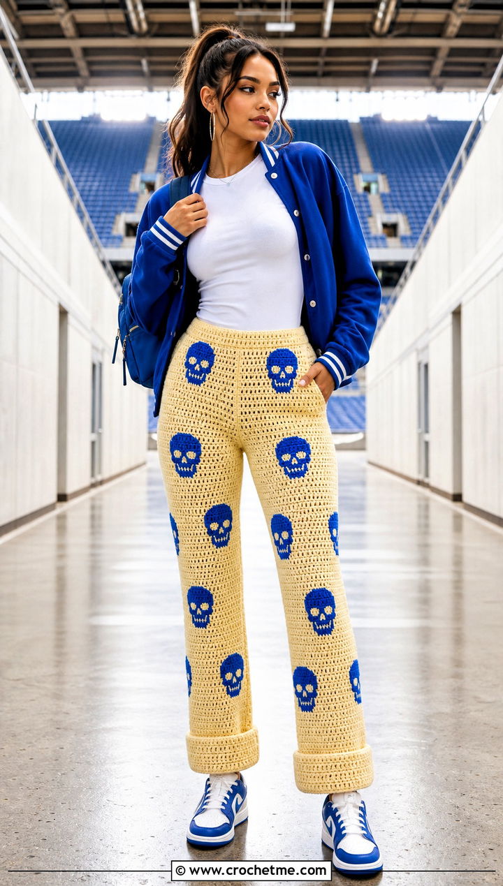 Cuffed Skull Crochet Pants With Varsity Jacket - 15 Skull Crochet Pants outfit ideas