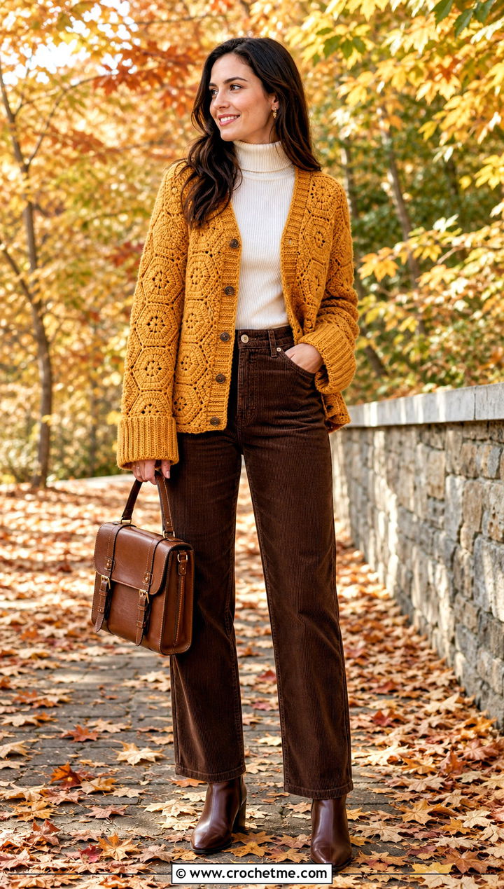 Cuffed Sleeve Hex Crochet Cardigan With Corduroy Pants - 35 hex crochet cardigan outfit ideas