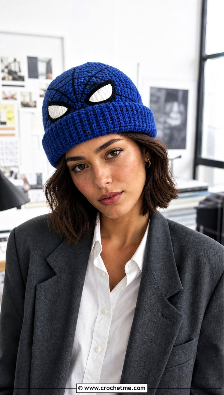 Cuffed Spider Man Beanie With Blazer And Trousers - 15 Crocheted Spider Man Hat outfit ideas