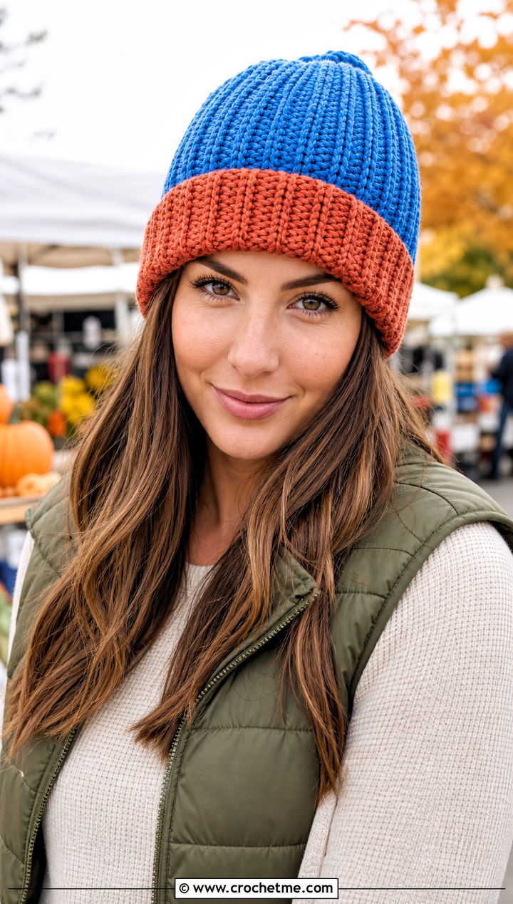 Cuffed Two Color Crochet Beanie With Puffer Vest - 30 Two Colors Crochet Hat outfit ideas