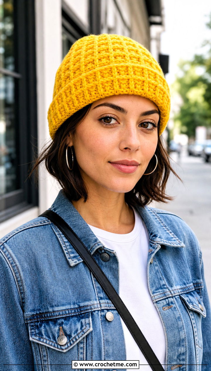 Cuffed Waffle Crochet Beanie With Denim Jacket - 20 Waffle Crochet Hat outfit ideas