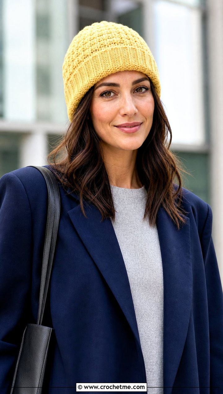 Cuffed Wave Stitch Crochet Beanie With Blazer - 20 Wavy Crochet Beanie outfit ideas