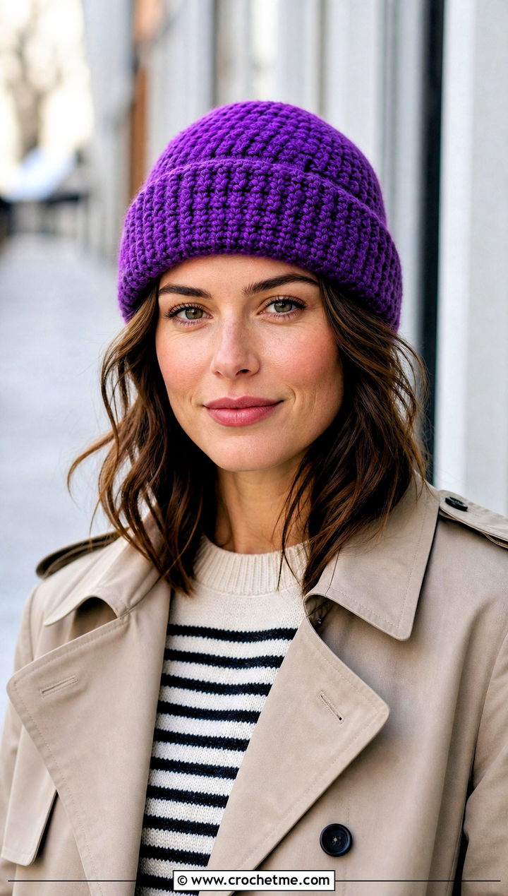 Cuffed Wool Ease Crochet Watch Cap With Trench Coat - 25 Wool Ease Crochet Hat outfit ideas
