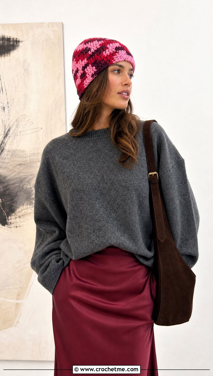 Cuffless Camo Crochet Beanie With Satin Skirt - 20 Camo Beanie Crochet Hat outfit ideas