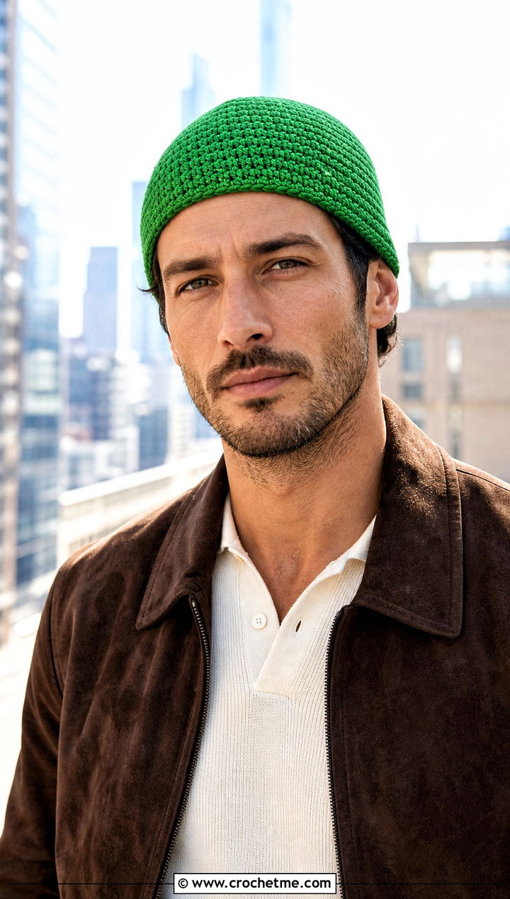 Cuffless Crochet Beanie With Suede Jacket - 30 crochet man beanie outfit ideas