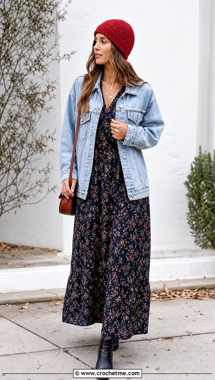 Cuffless Single Crochet Beanie With Denim Jacket And Maxi Dress - 35 single crochet beanie outfit ideas