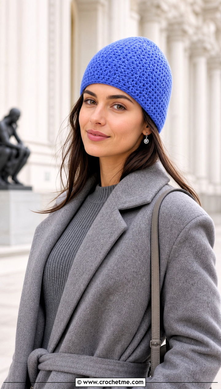 Cuffless Single Crochet Beanie With Sweater Dress - 15 Sc Crochet Beanie outfit ideas