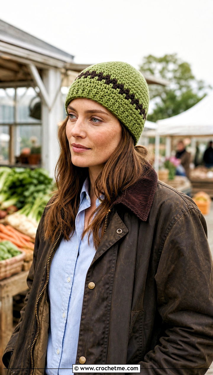 Cuffless Zigzag Fair Isle Crochet Beanie With Barn Jacket - 15 Fair Isle Crochet Beanie outfit ideas