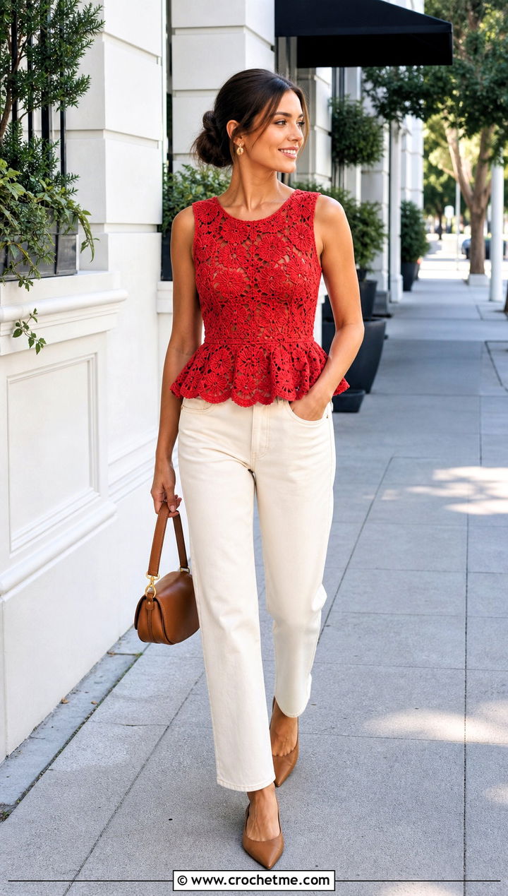 Cult Gaia Crochet Peplum Top With Straight Leg Jeans - 20 cult gaia crochet top outfit ideas