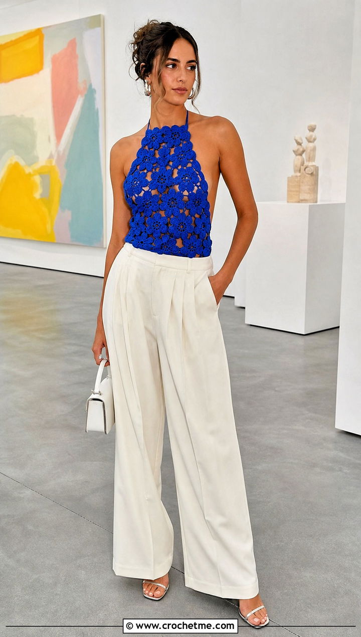 Cult Gaia Darlena Floral Halter Crochet Top With Tailored Trousers - 20 cult gaia crochet top outfit ideas