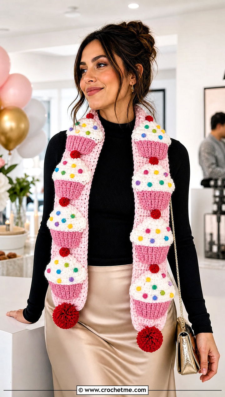 Cupcake Crochet Scarf With Satin Midi Skirt - 15 Funny Crochet Scarf outfit ideas
