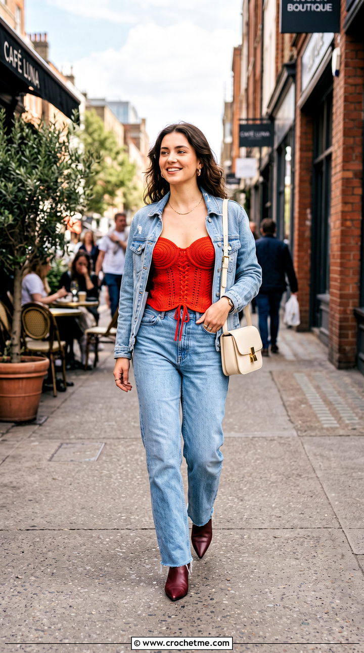 Cupped Crochet Corset With A Denim Suit - 35 crochet corset outfit ideas