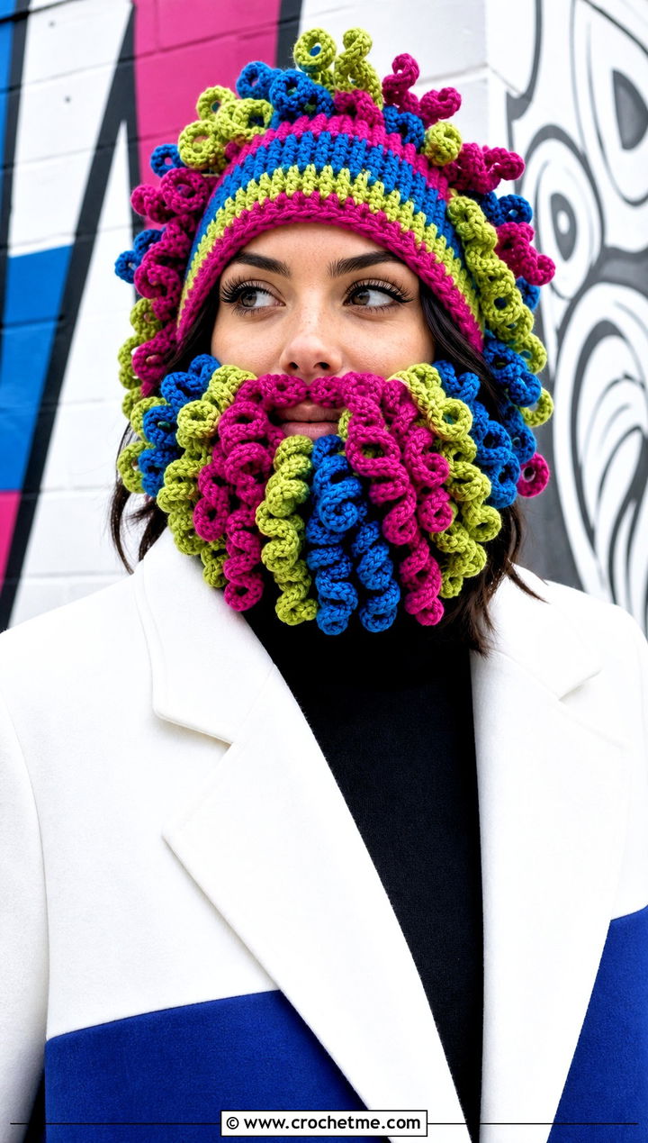 Curly Crochet Beard Beanie With Colorblock Coat - 15 Crochet Hat With Beard outfit ideas