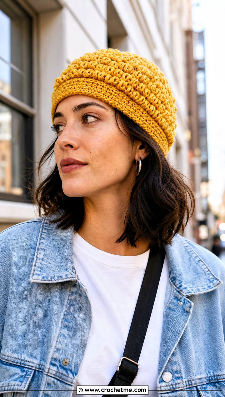 Curly Cue Beanie With Denim Jacket - 25 Crochet Curly Cue Hat outfit ideas
