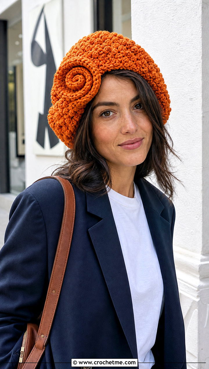 Curly Cue Beret With Blazer And Jeans - 25 Crochet Curly Cue Hat outfit ideas