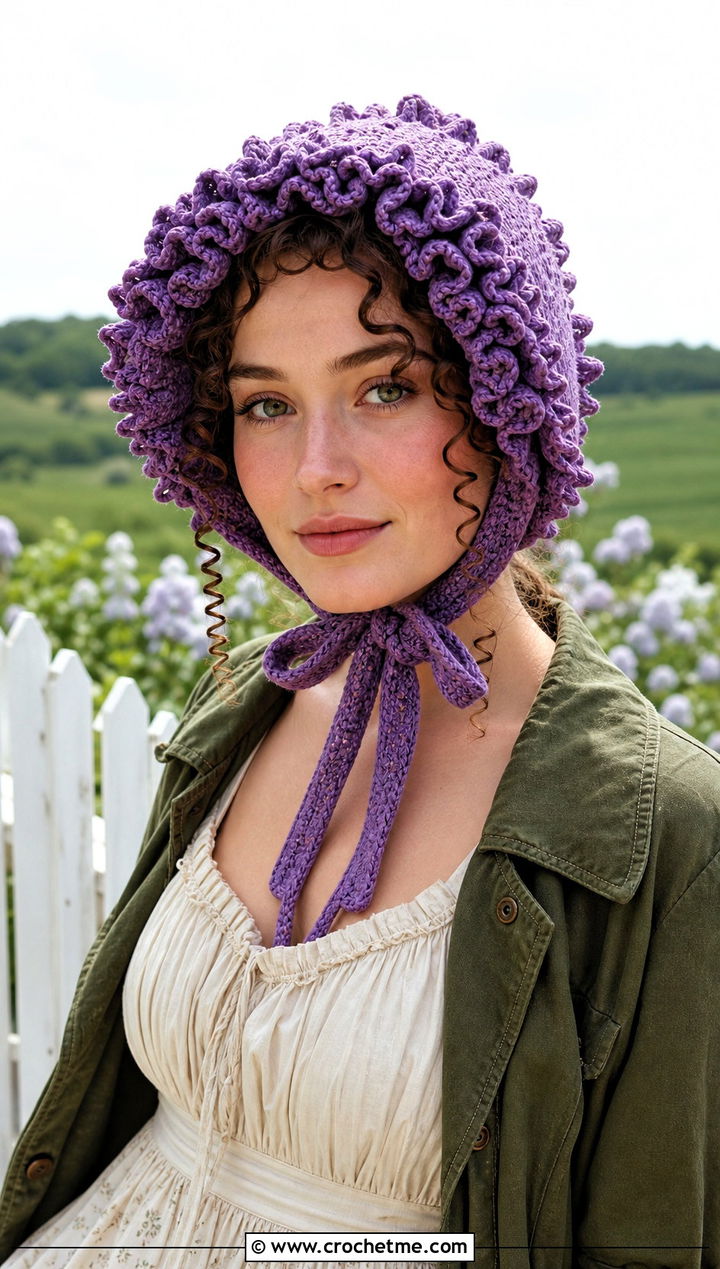 Curly Cue Bonnet With Prairie Dress - 25 Crochet Curly Cue Hat outfit ideas
