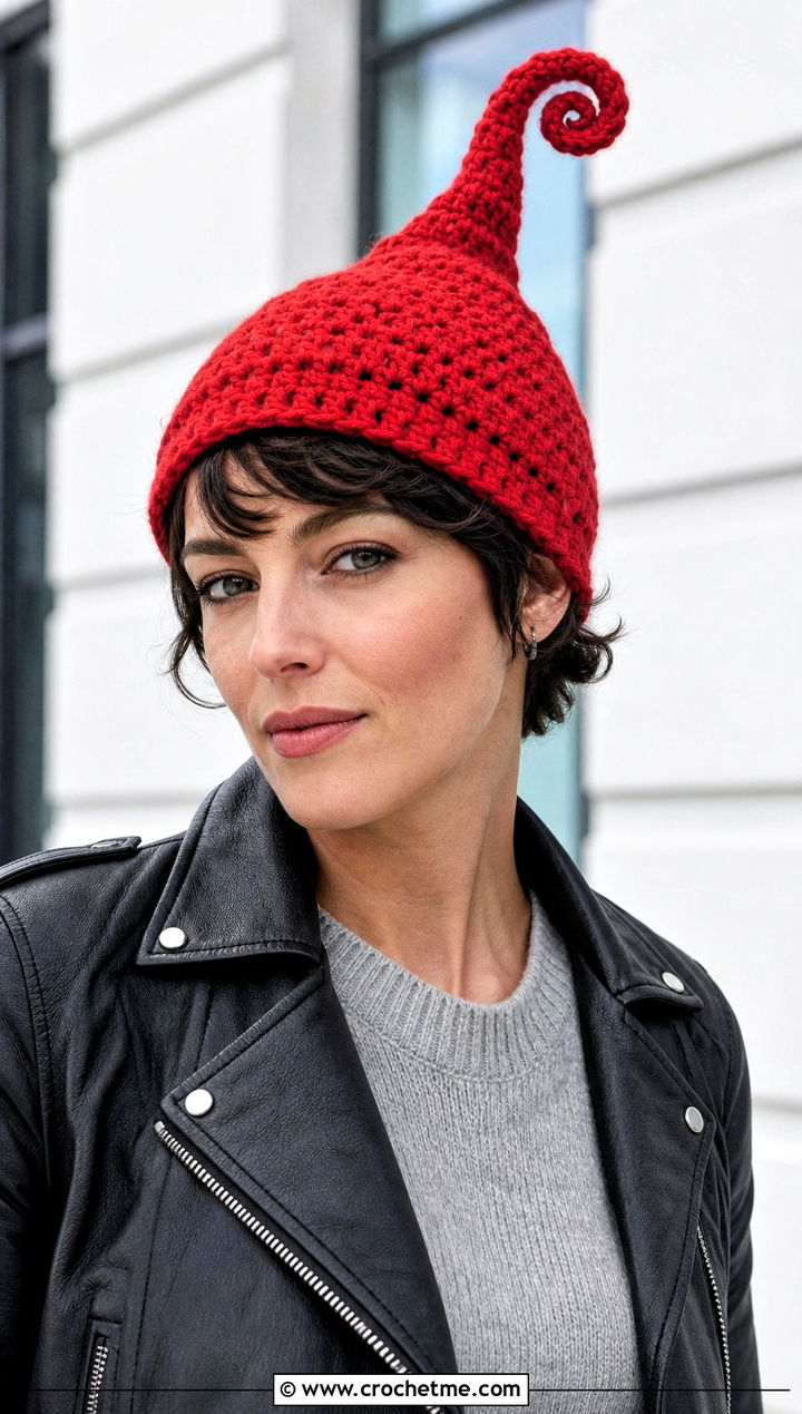 Curly Cue Pixie Hat With Leather Jacket - 25 Crochet Curly Cue Hat outfit ideas