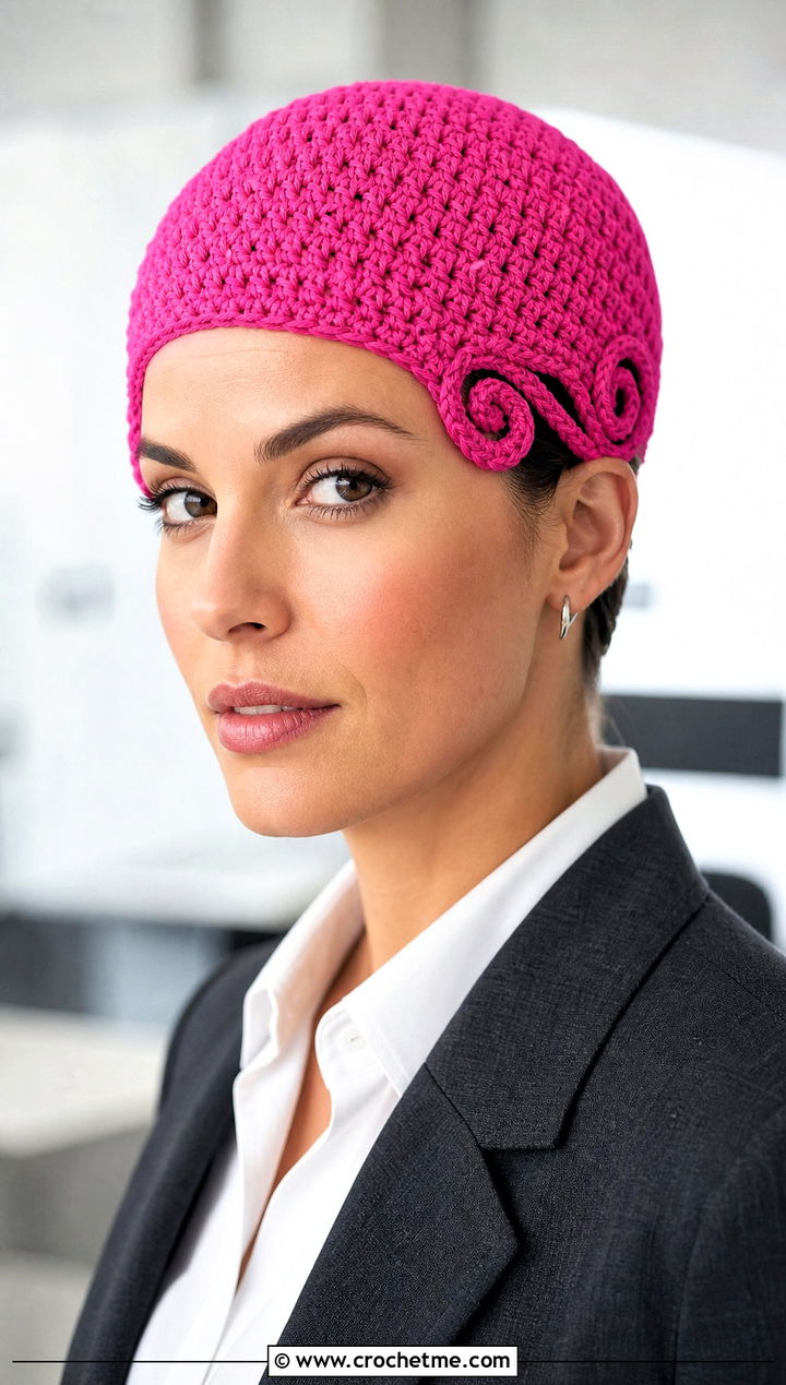 Curly Cue Skull Cap With Tailored Trousers - 25 Crochet Curly Cue Hat outfit ideas