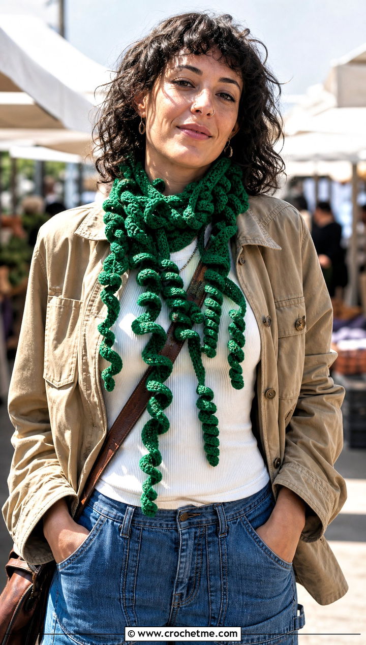 Curly Fringe Spiral Crochet Scarf With Utility Outfit - 15 easy spiral crochet scarf outfit ideas