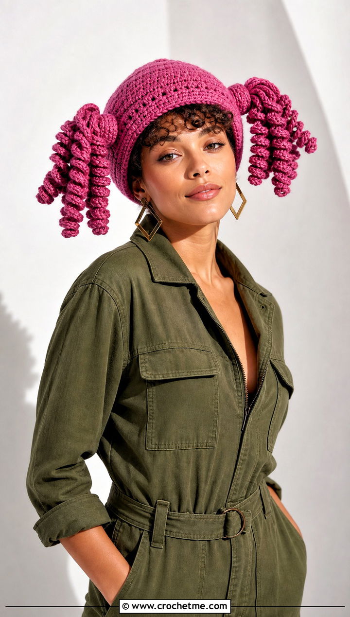Curly Pigtail Cabbage Patch Crochet Hat With Utility Jumpsuit - 25 Cabbage Patch Crochet Hat outfit ideas